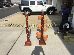6 Pot Mahogany Towers  with a variety of different size clay pots