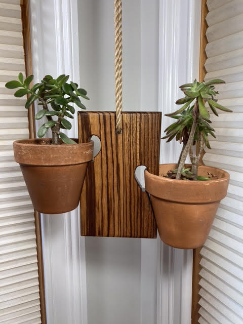 wooden hanging pot plant holder 2 Pot Zebra Wood Mini Swing – Clay Pot Swings